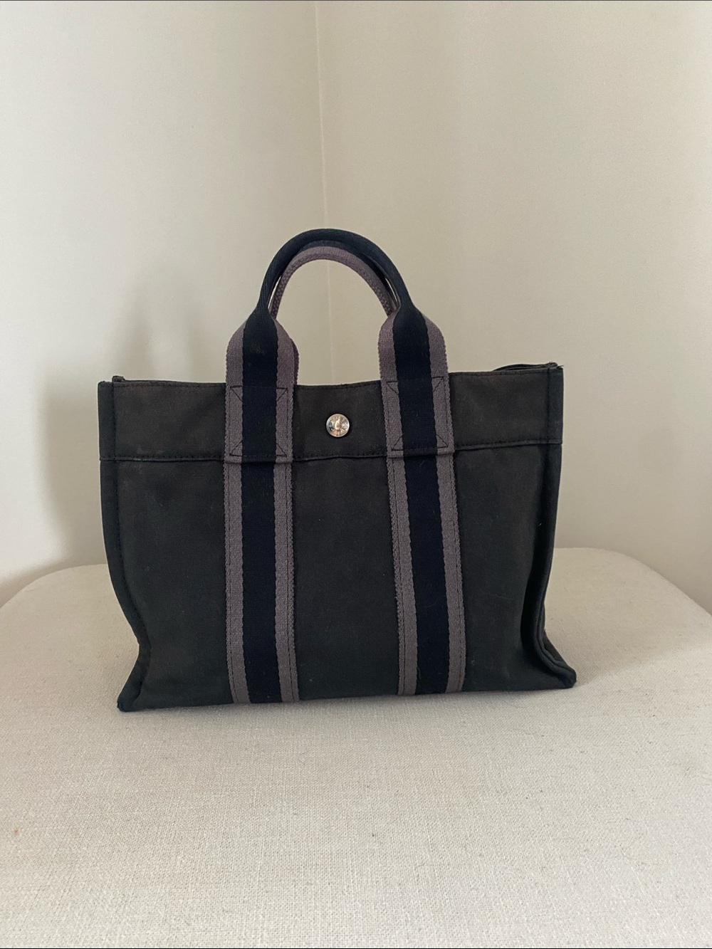 Authentic Hermès Fourre-Tout Tote Cotton Canvas | Washed Black + Grey - Picture 2 of 13